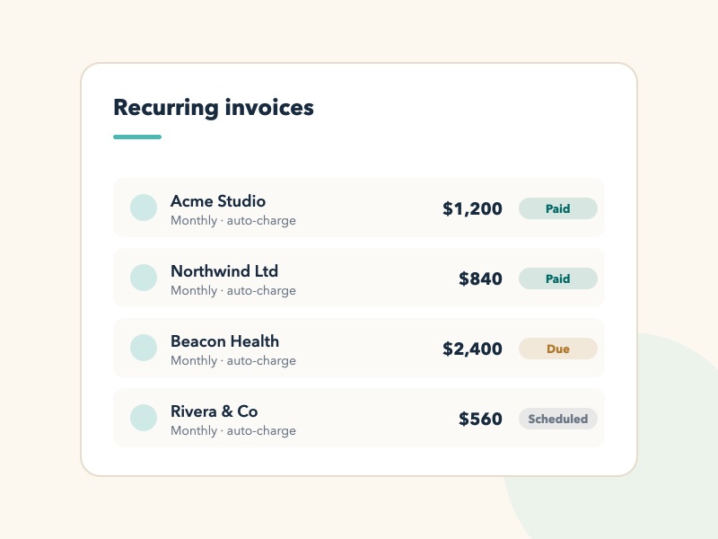 Recurring invoice dashboard listing customers, amounts, and payment status