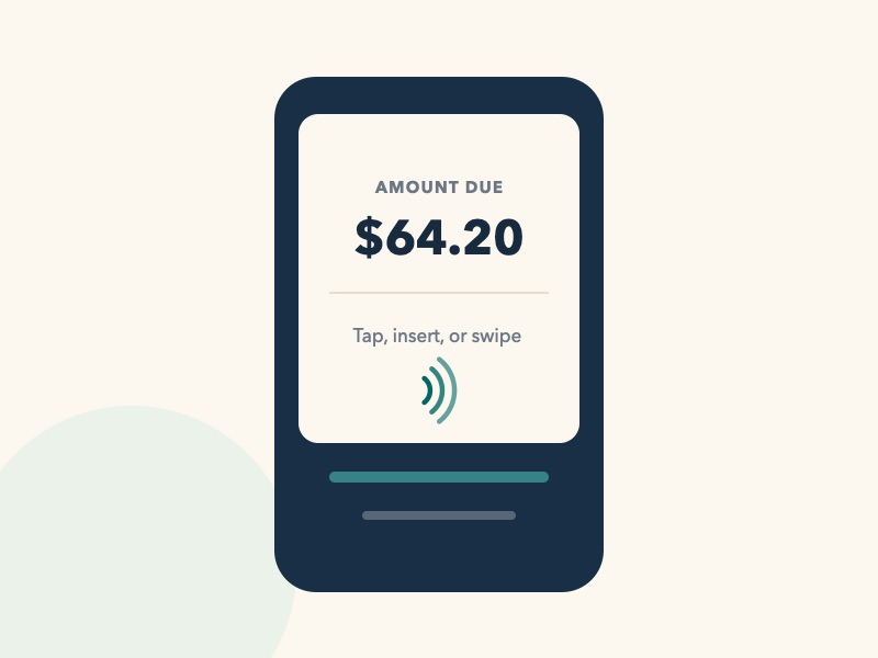 Countertop POS terminal displaying an amount due with contactless payment